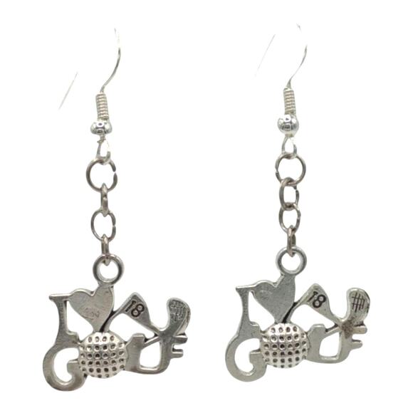 I Love Golf Earrings Silver Tone Golf Ball Club Dangles - Picture 1 of 3